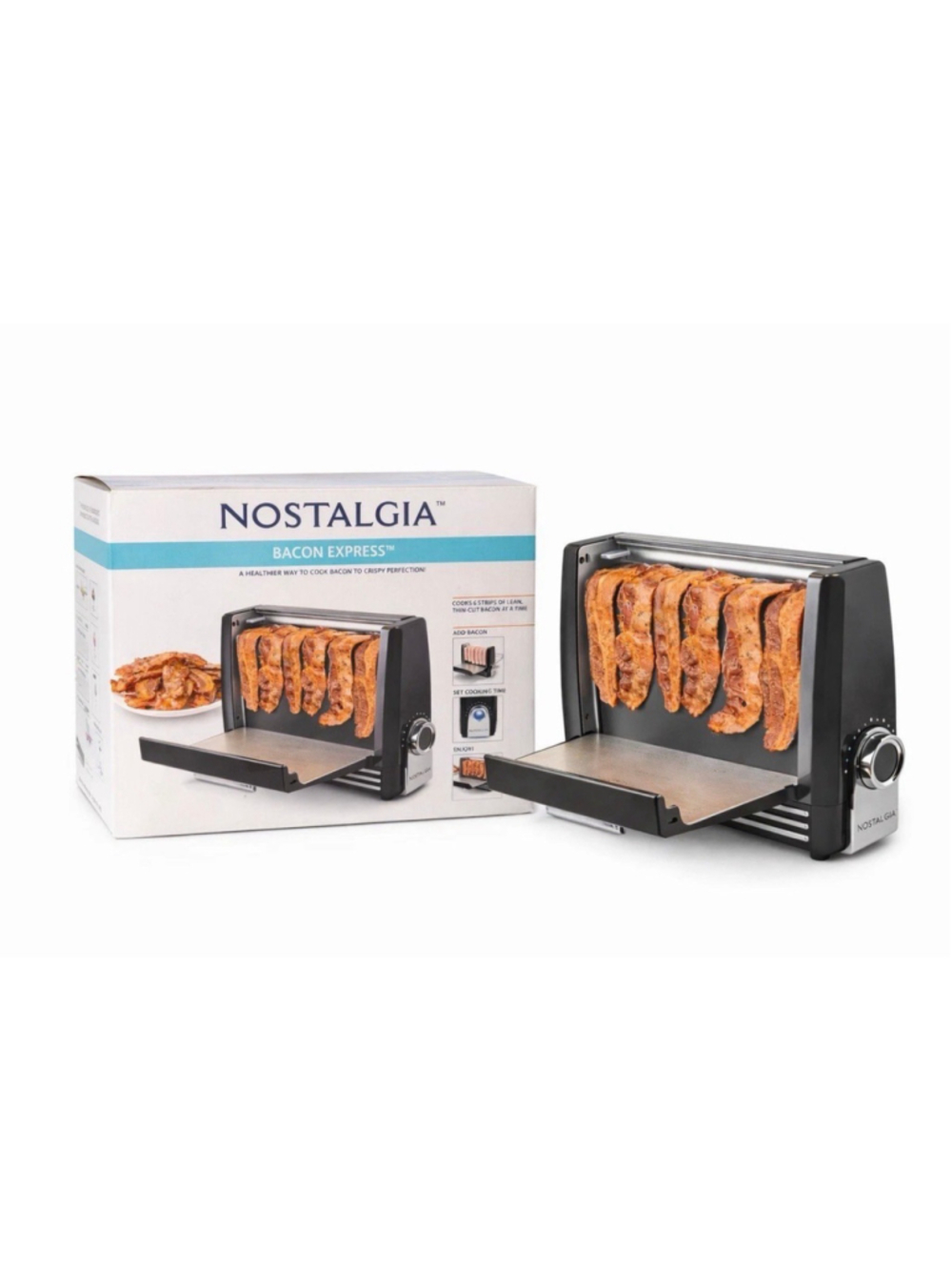 New Nostalgia Bacon Express Vertical Bacon Cooker Crispy Bacon Maker w/Drip Tray